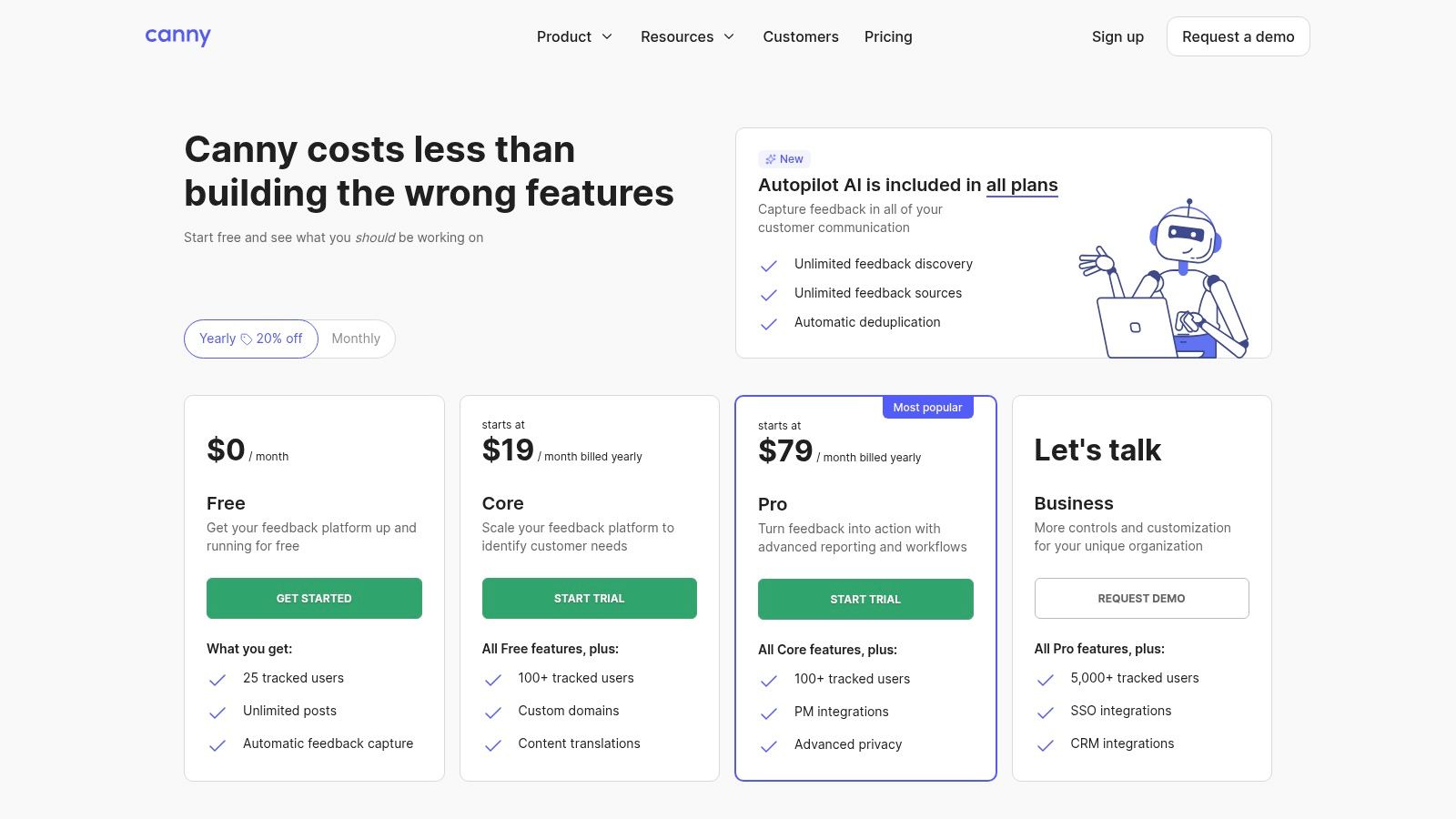 Canny pricing plans showing Free, Growth, and Business tiers