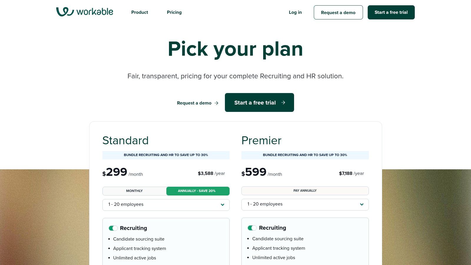 Workable pricing plans showing a plan configurator based on employee count