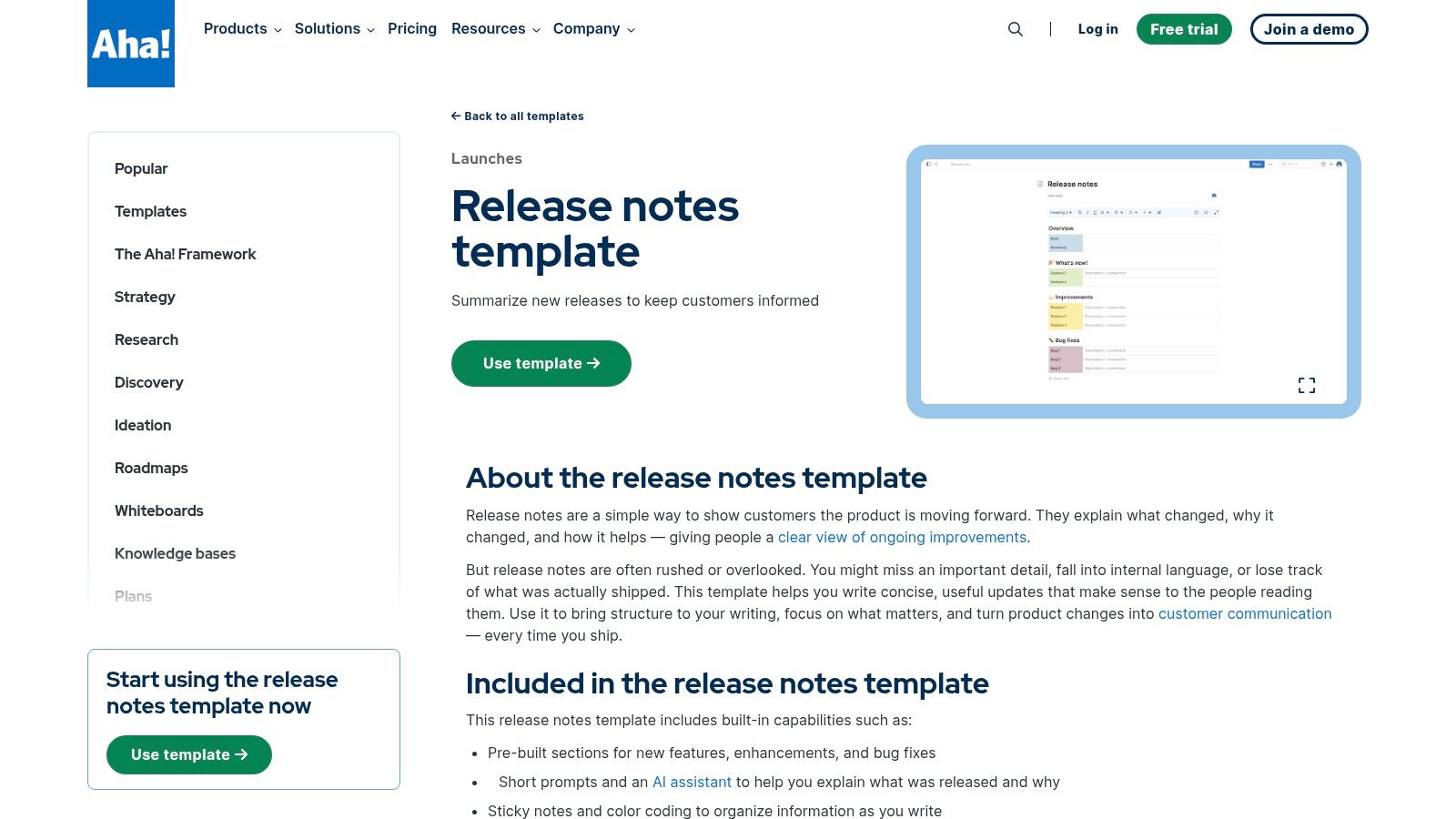 Aha! release notes template