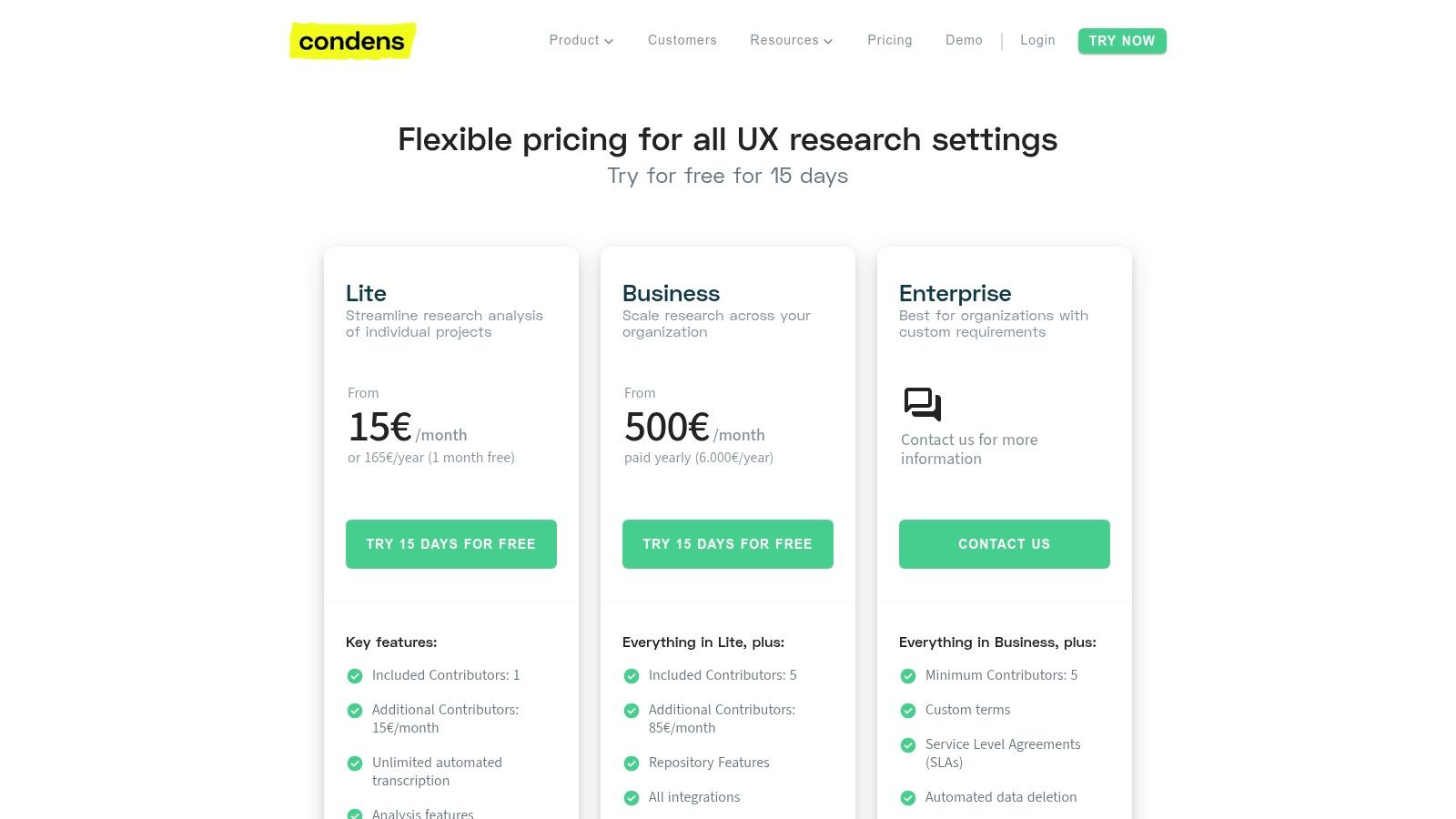 Condens pricing plans for their UX research repository tools