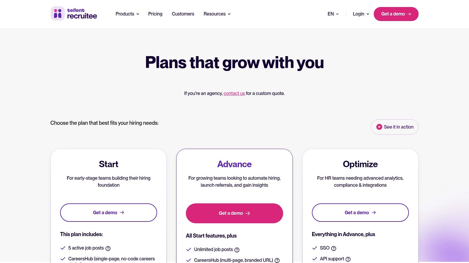 Recruitee pricing plans showing different tiers for recruiting software