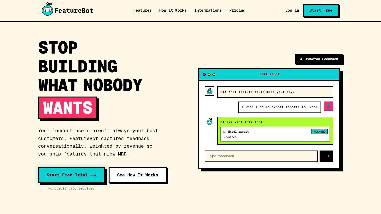FeatureBot dashboard showing AI-powered feedback analysis and prioritization