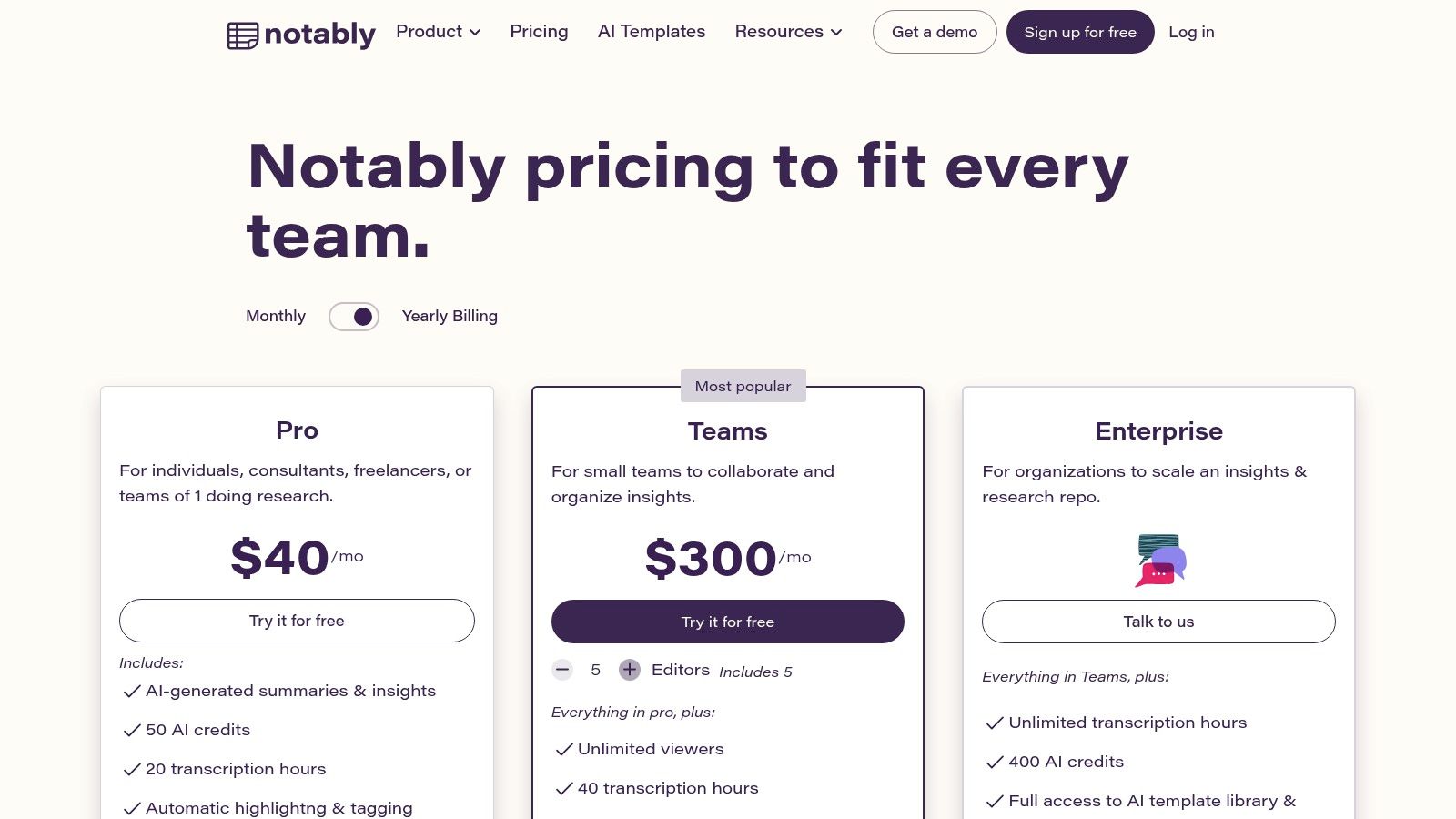 Notably pricing plans for their UX research repository tools