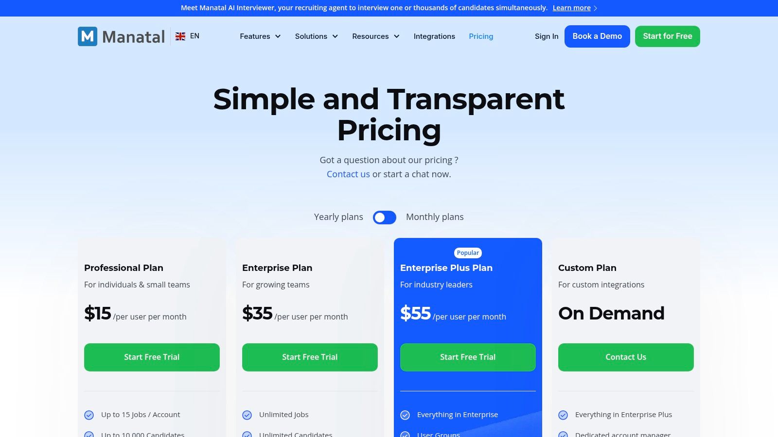 Manatal pricing plans showing per-user monthly billing