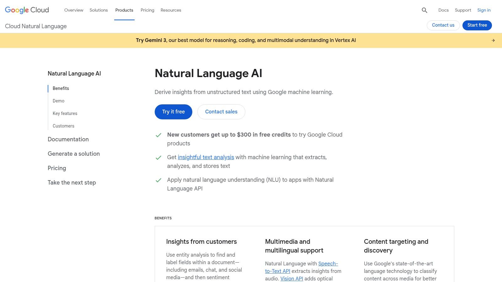 Google Cloud Natural Language AI showing text analysis capabilities