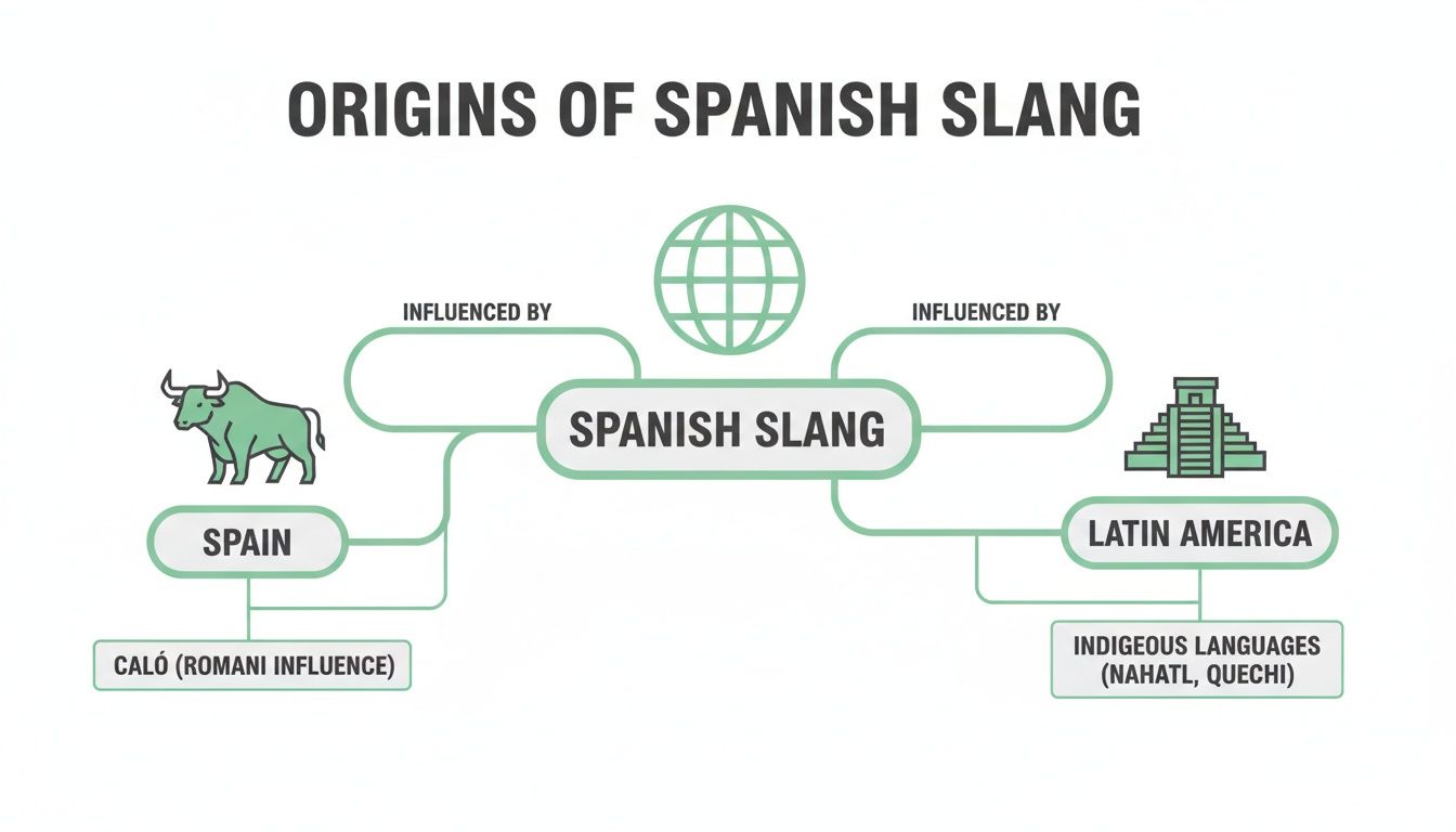 A mind map illustrating the origins and diverse influences on Spanish slang, from Spain to Latin America.