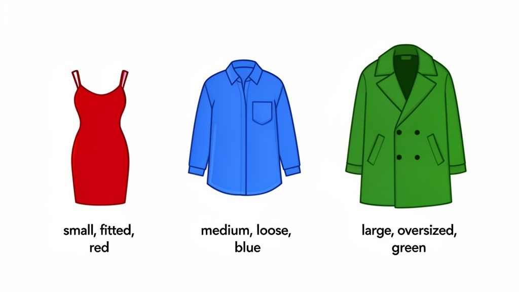Three items of clothing are displayed: a red fitted dress, a blue loose shirt, and a green oversized coat.
