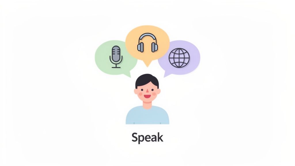 An illustration of a person with thought bubbles containing a microphone, headphones, and a globe, with the word 'Speak' below.
