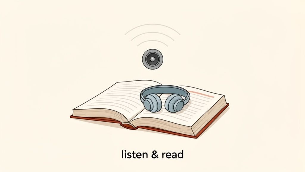 An open book with headphones, a speaker with sound waves, and text 'listen & read,' representing audio reading.