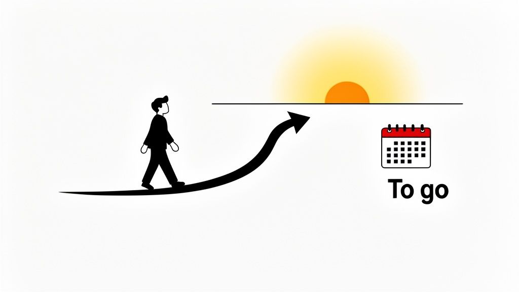 A person walks on an upward path towards a rising sun, with a 'To go' calendar icon.