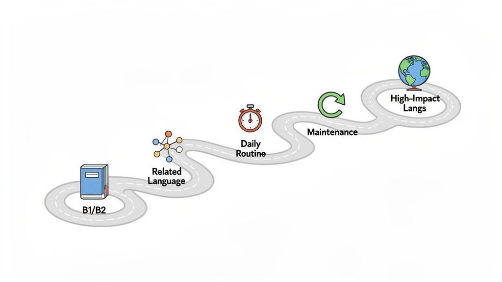 Infographic showing a winding road map of a language learning journey with key stages.