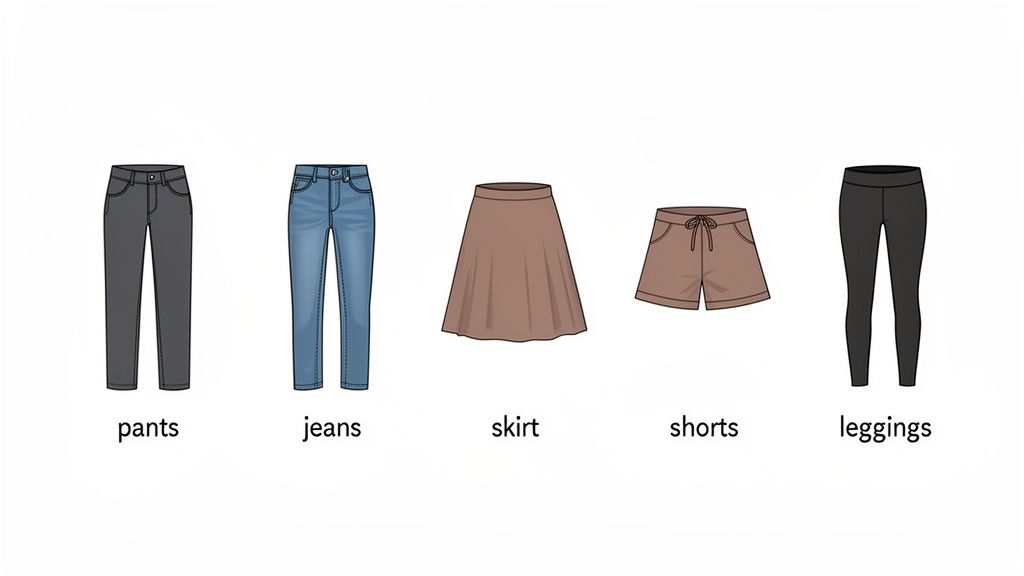 An illustration displaying five different clothing items: pants, jeans, a skirt, shorts, and leggings, each labeled with its name.