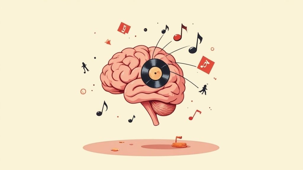 A cartoon brain with a vinyl record at its center, surrounded by musical notes and dancing figures, symbolizing music and mind.