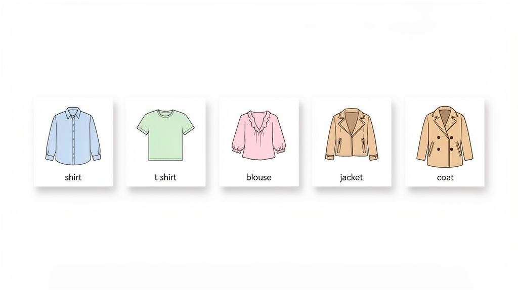 Illustrations of five different clothing items: a blue shirt, green t-shirt, pink blouse, brown jacket, and beige coat.