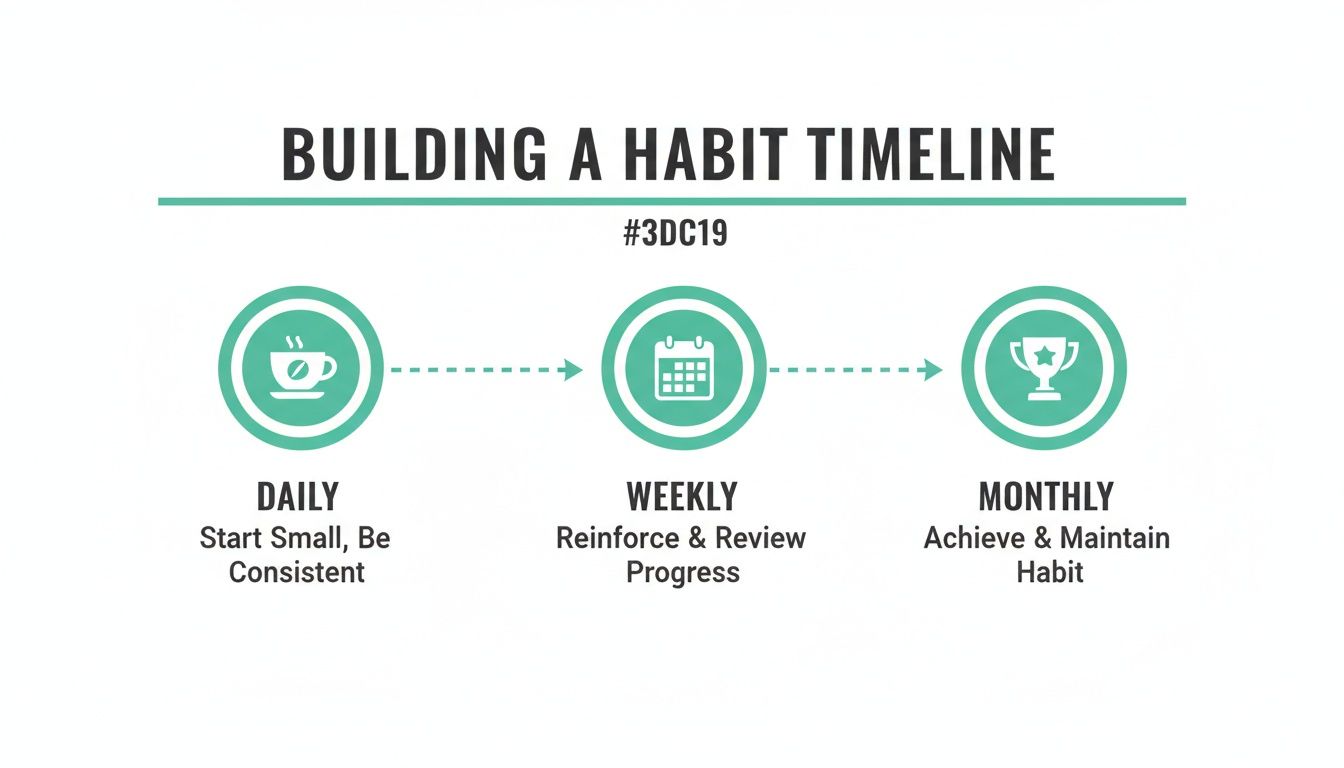 Infographic showing a habit-building timeline with daily, weekly, and monthly steps for achieving goals.