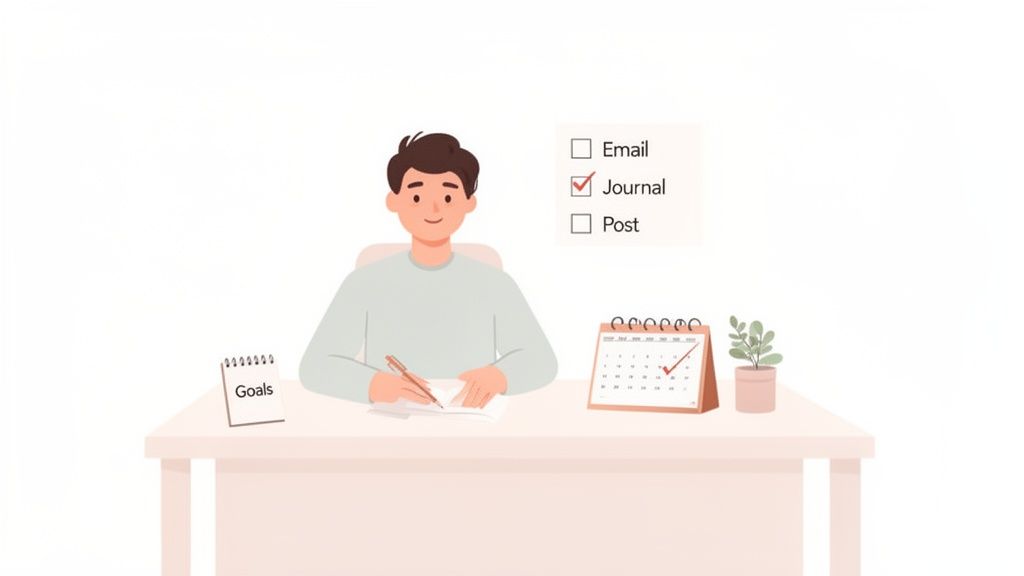 A person writing in a journal at a desk, with a 'Goals' notebook, and a checked calendar.