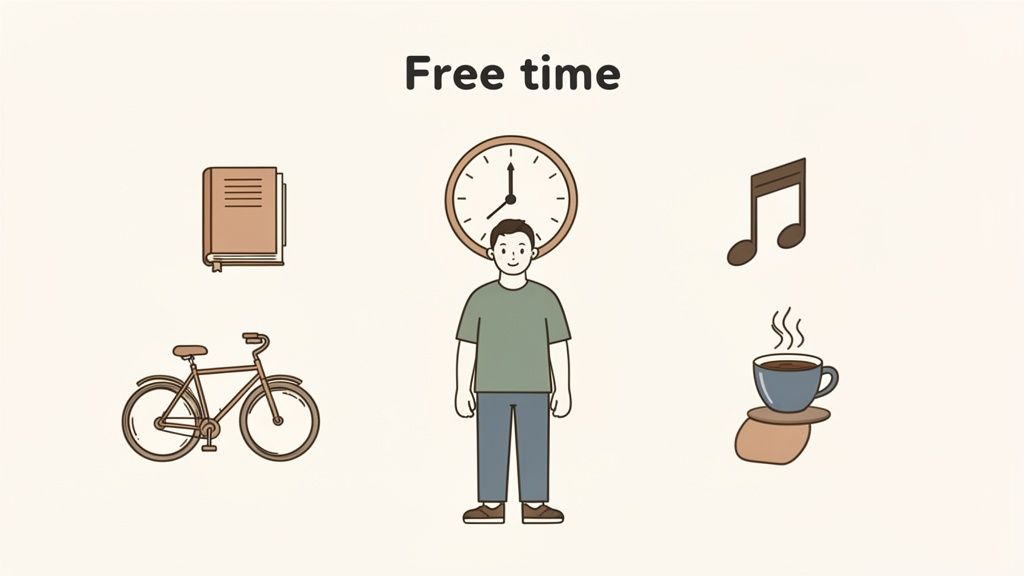 A man with a clock above his head, surrounded by icons representing free time activities: a book, a bicycle, a musical note, and a steaming cup of coffee.