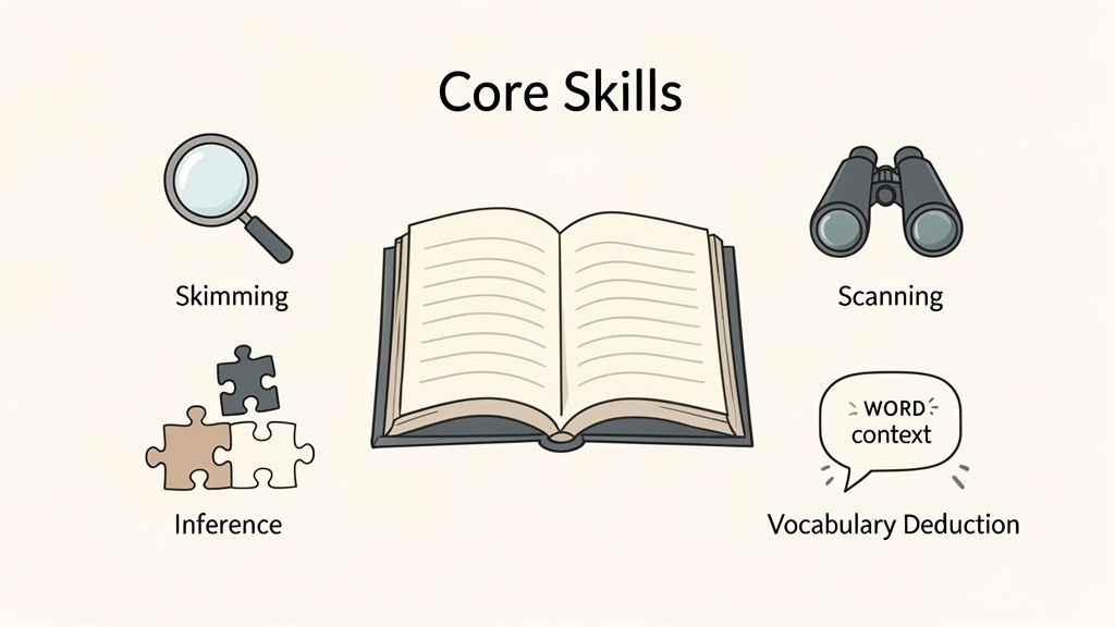 An illustration of core reading skills including skimming, scanning, inference, and vocabulary deduction.