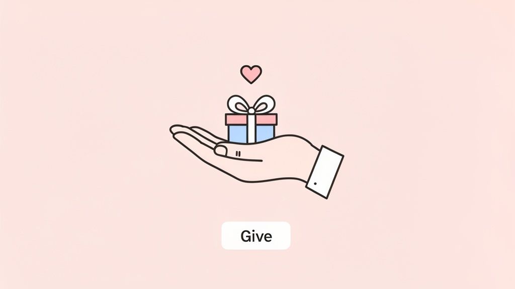 A minimalist illustration of a hand holding a gift box, with a small heart above, and the word 'Give' below.