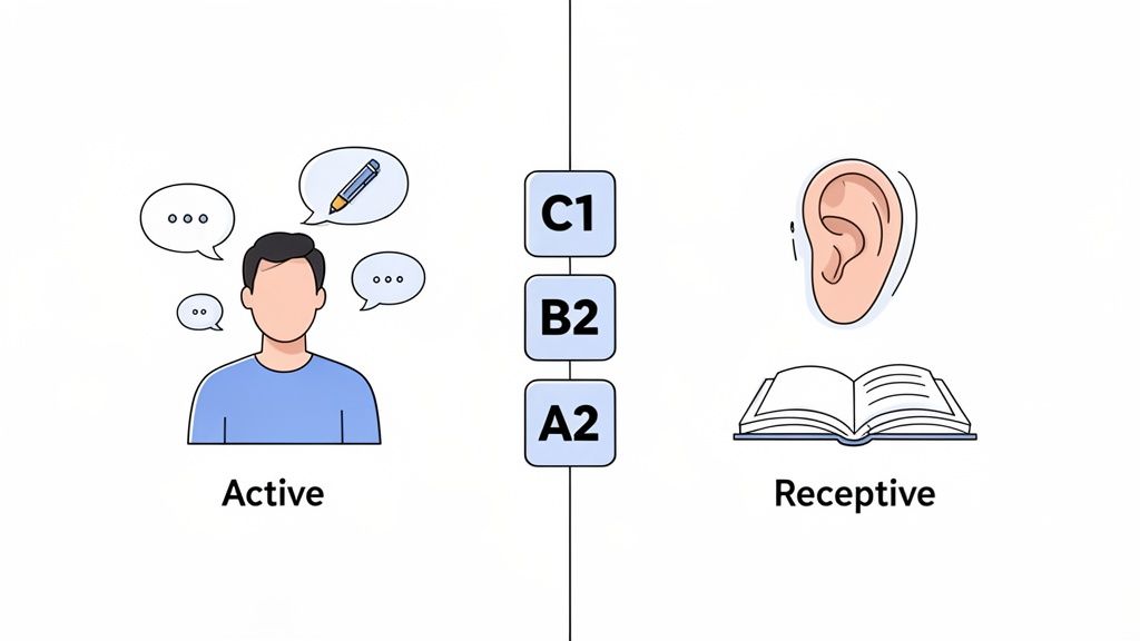 Visual illustrating active (speaking, writing) and receptive (listening, reading) language skills with CEFR levels A2, B2, C1.