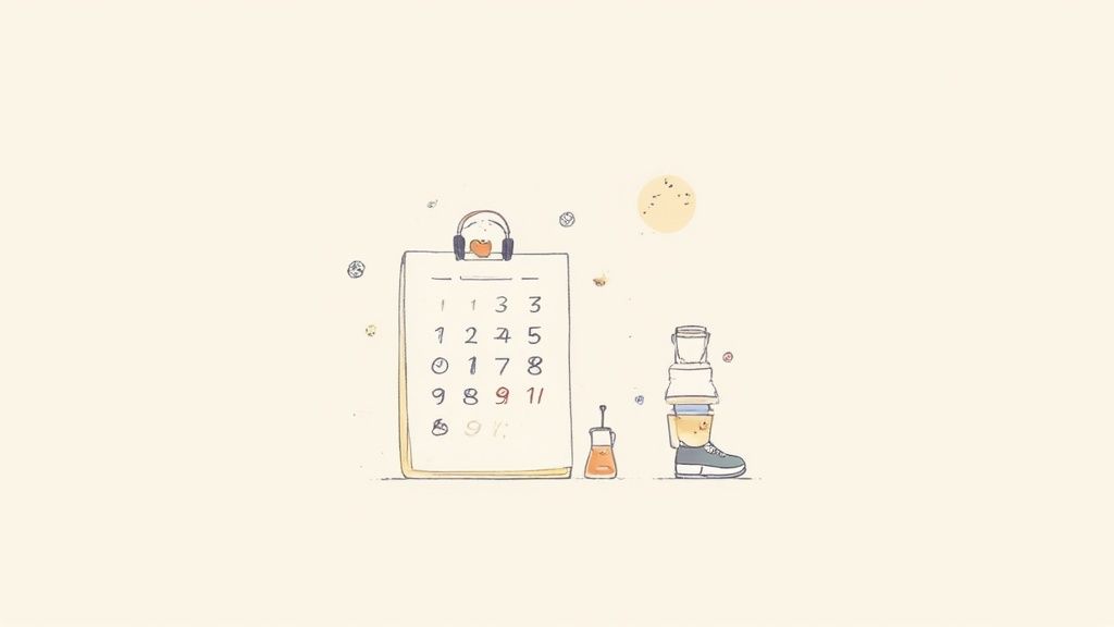 Whimsical drawing of a character with headphones by a numbered list and a tall stack of objects.