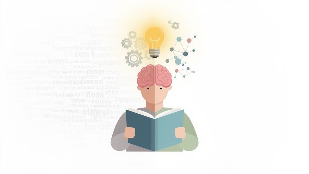 Illustration of a person reading a book, with brain, lightbulb, and gears above, symbolizing learning and creative thinking.