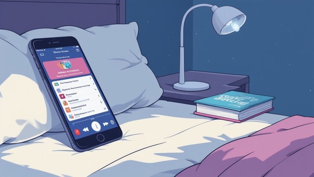 A smartphone displaying an app rests on a bed pillow, next to a nightstand with a glowing lamp and a book.