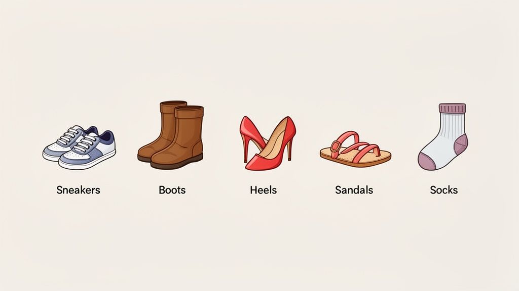An illustration showing a line of various footwear items: sneakers, boots, heels, sandals, and socks, each labeled with its name.