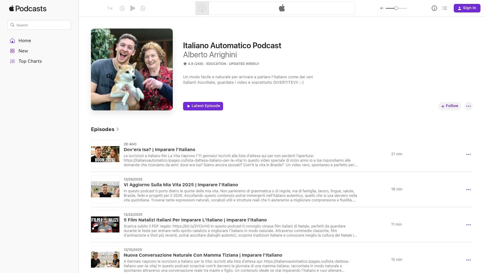 A screenshot of the Italiano Automatico podcast page showing the logo and episode list.