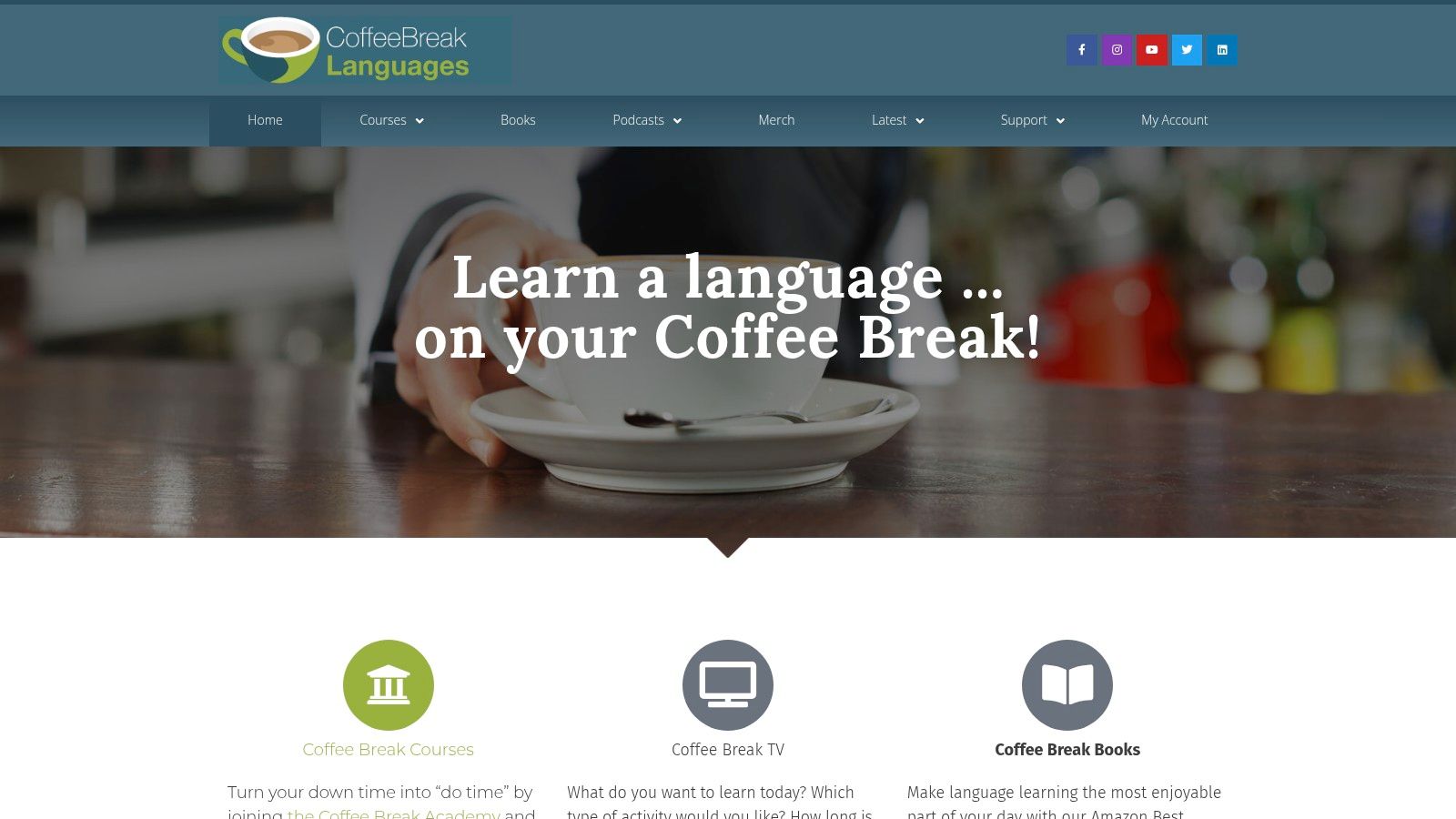 A screenshot of the Coffee Break Italian website showcasing its course offerings and podcast episodes.