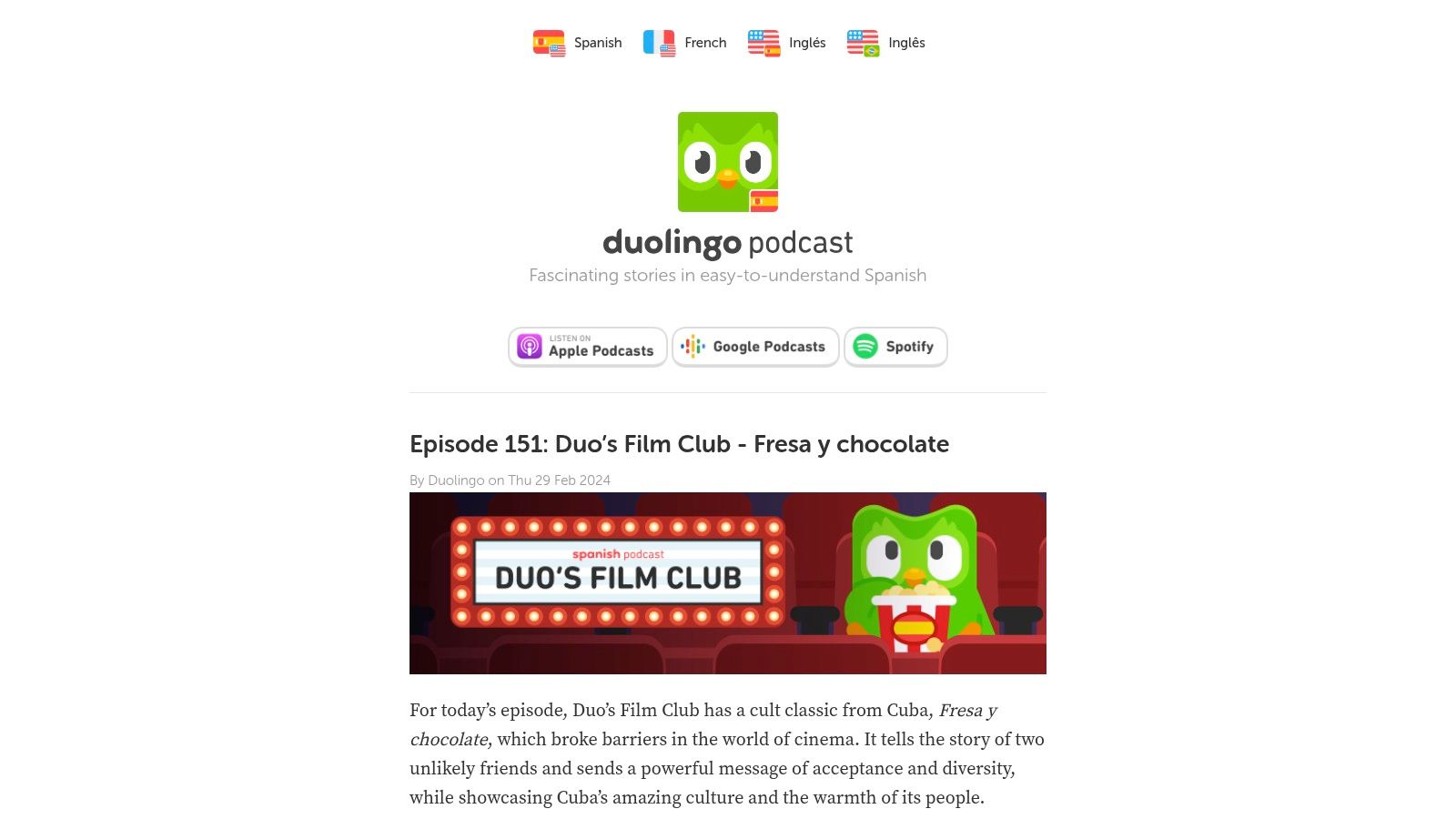A screenshot from a Duolingo Spanish Podcast episode, showing the title "El espía que me amó" and a transcript of the audio.