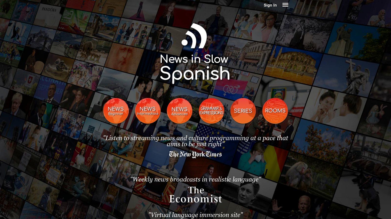 A screenshot of the News in Slow Spanish website interface, showing a news story with an audio player and a transcript below it.