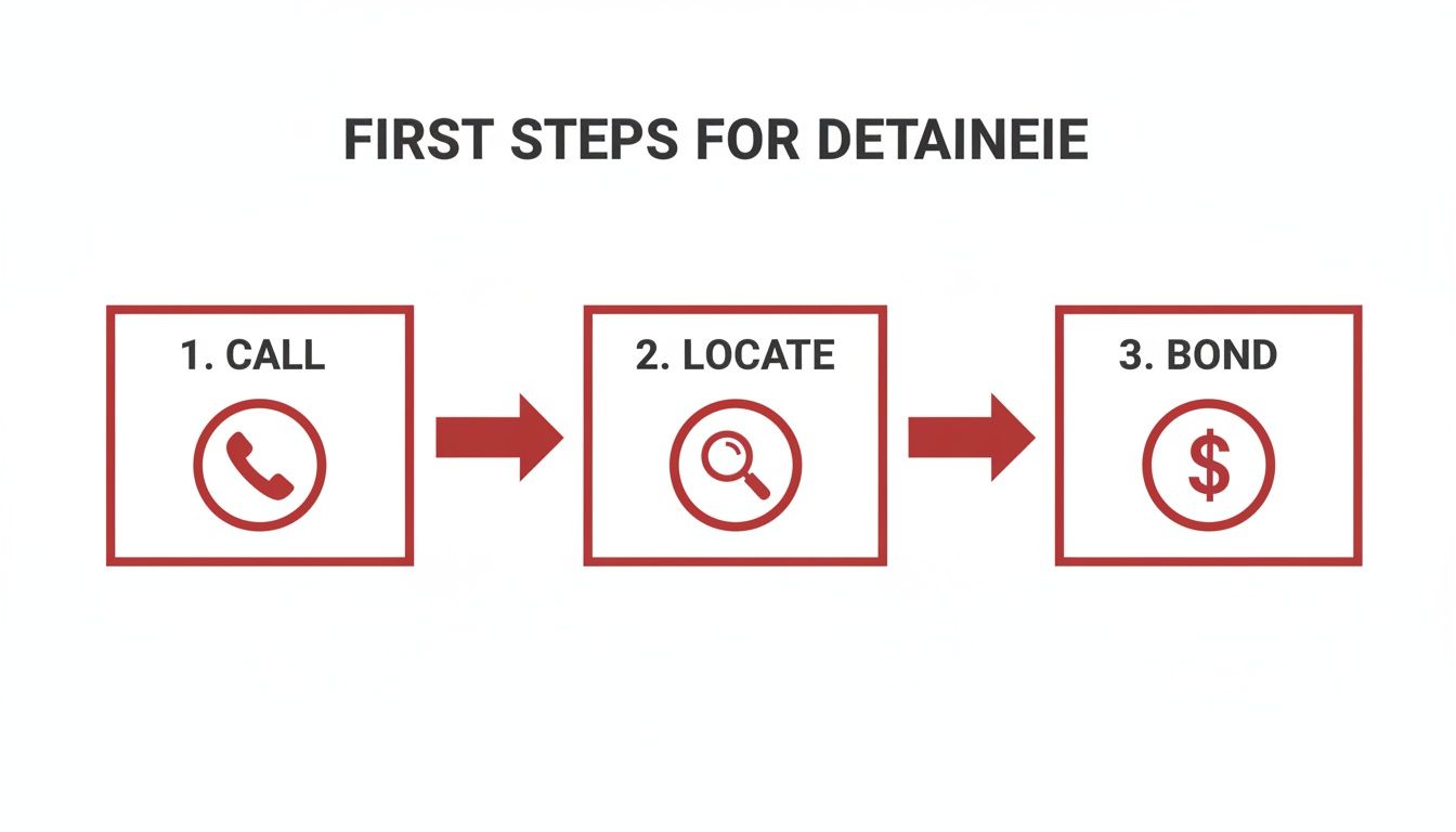 Infographic showing three steps to assist a detainee: call, locate, and bond out.