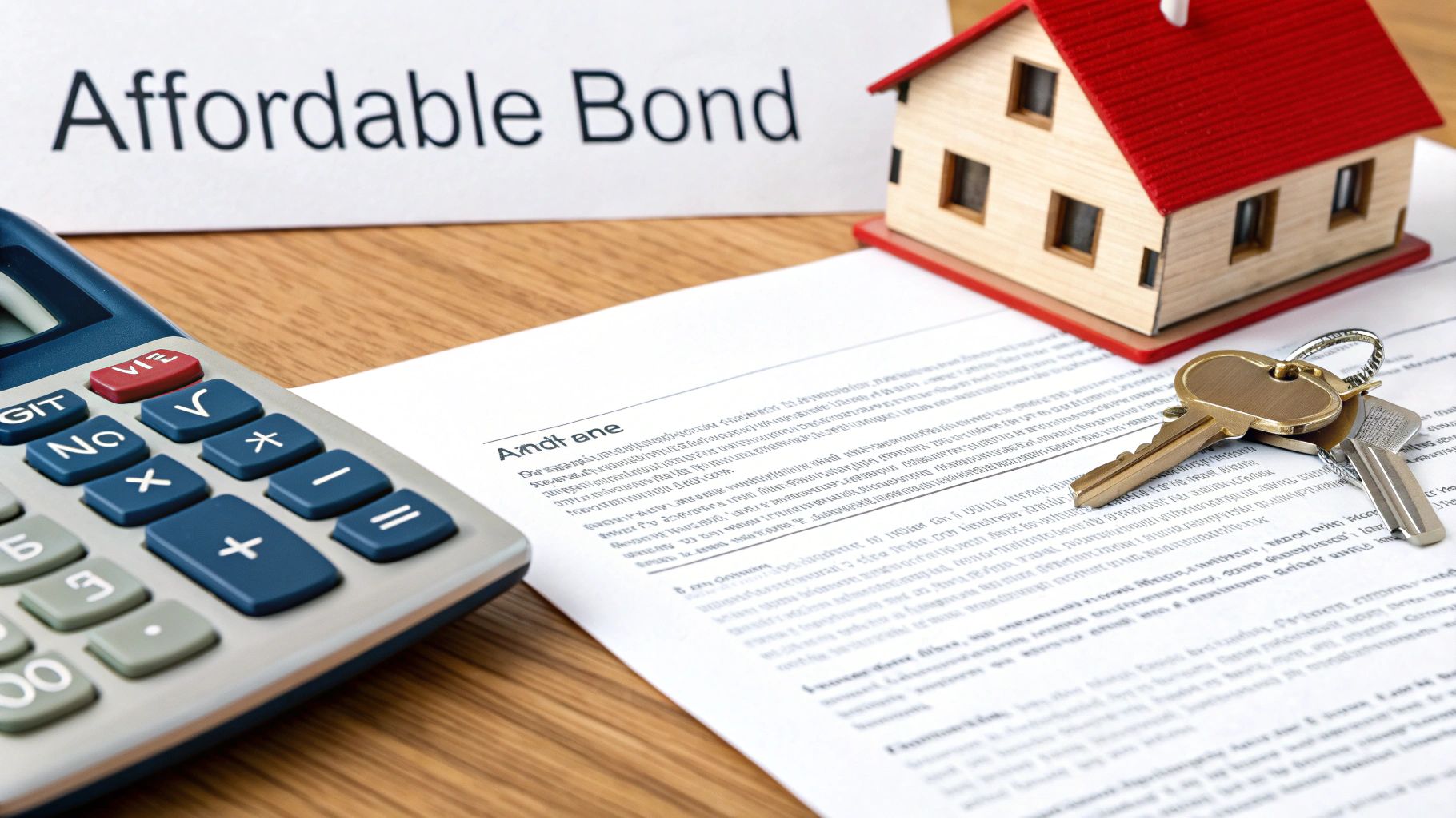 A calculator, document, house model, and keys on a table, with 'Affordable Bond' sign.
