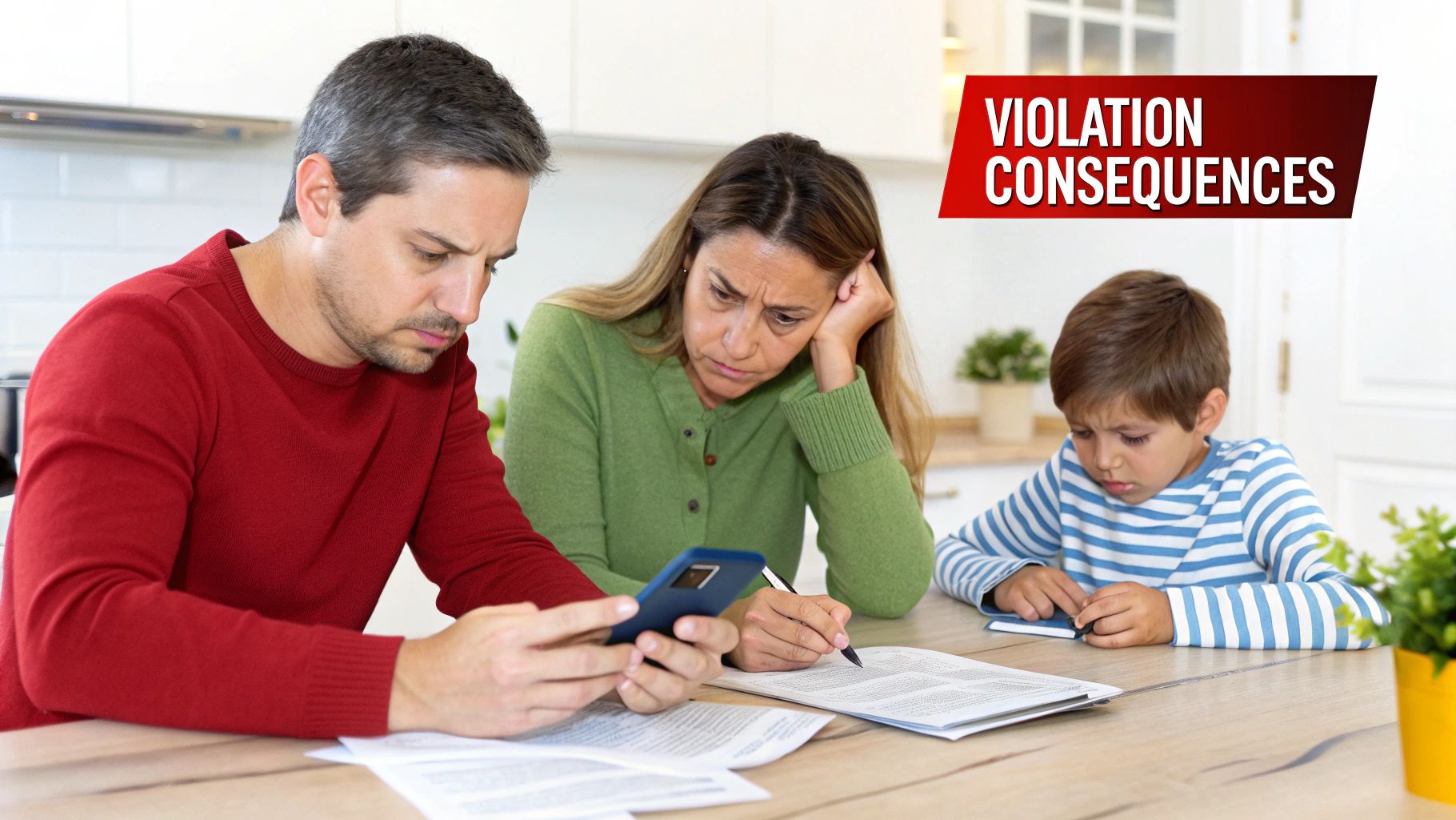 A family looks worried while reviewing documents, with text 'VIOLATION CONSEQUENCES' overhead.