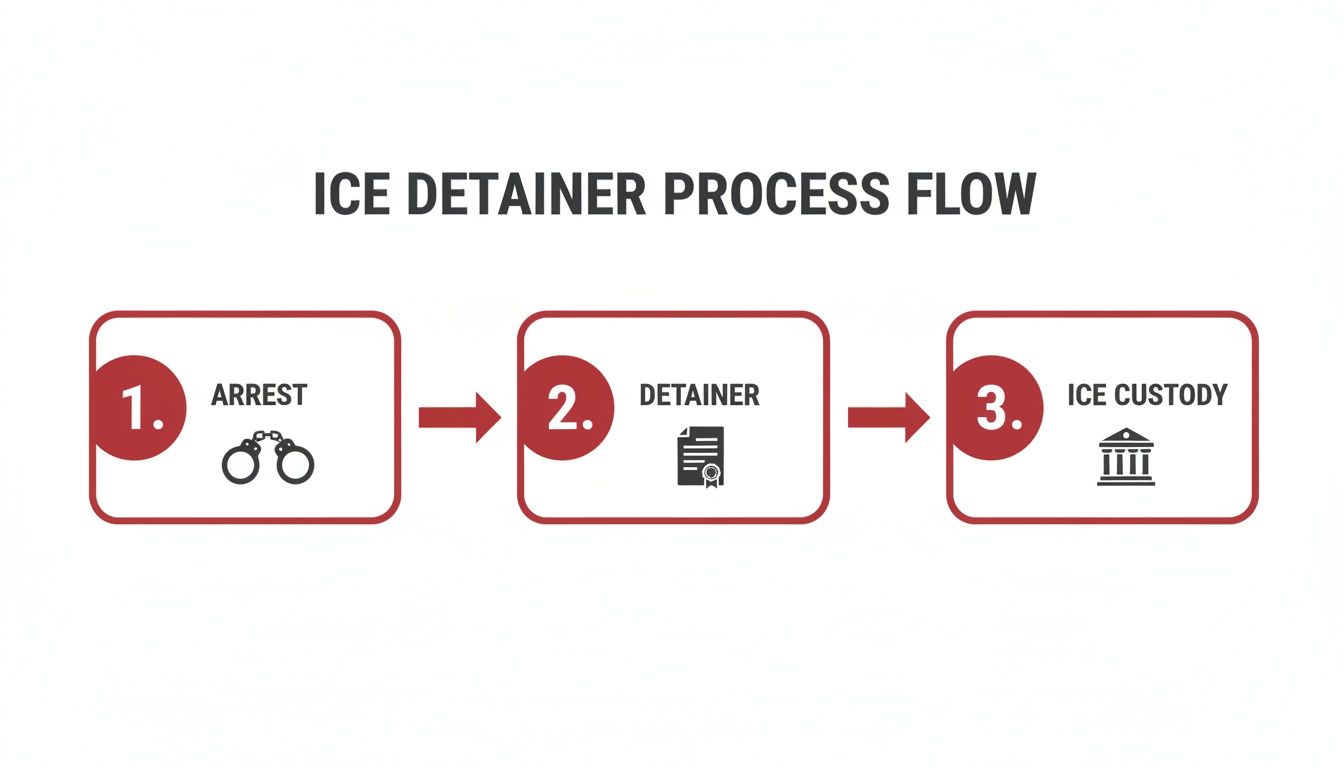 Flowchart illustrating the ICE detainer process with sequential steps: arrest, detainer, and ICE custody.