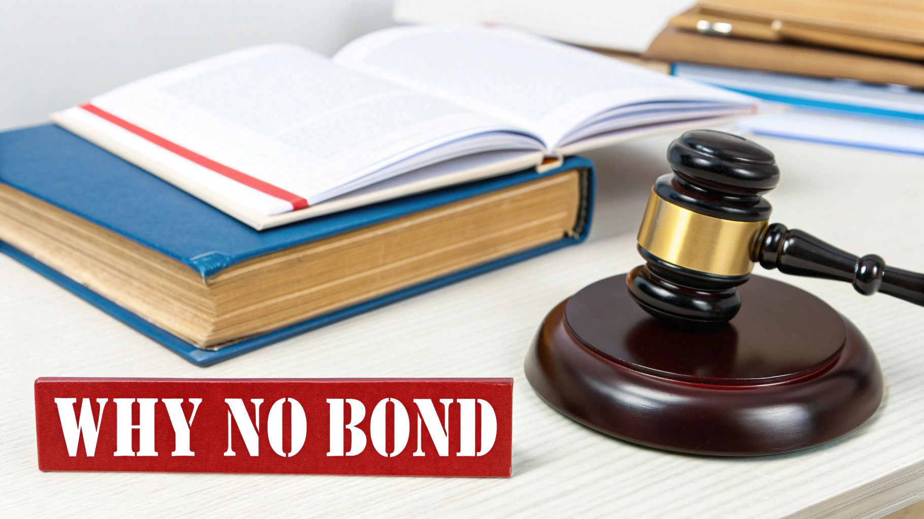 A judge's gavel rests next to legal books, with a red sign asking 'WHY NO BOND'.