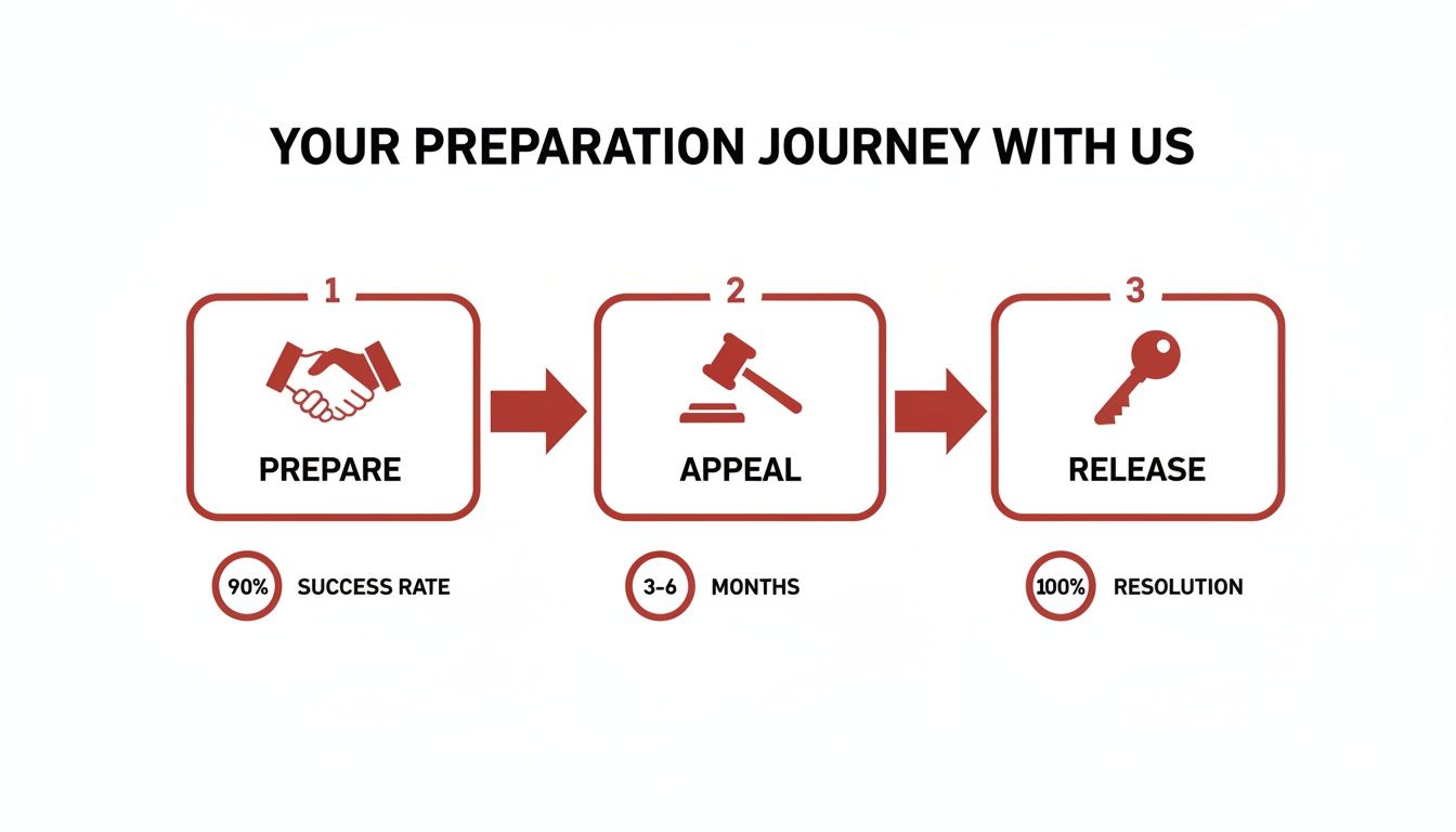 Infographic showing a three-step journey: prepare, appeal, and release, with associated metrics.