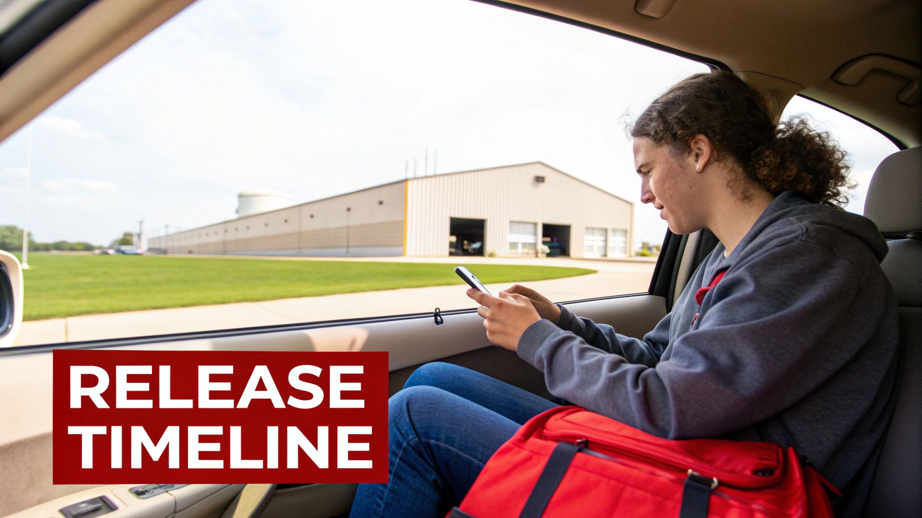 Person in car using smartphone, red duffel bag, with 'RELEASE TIMELINE' overlay and building outside.