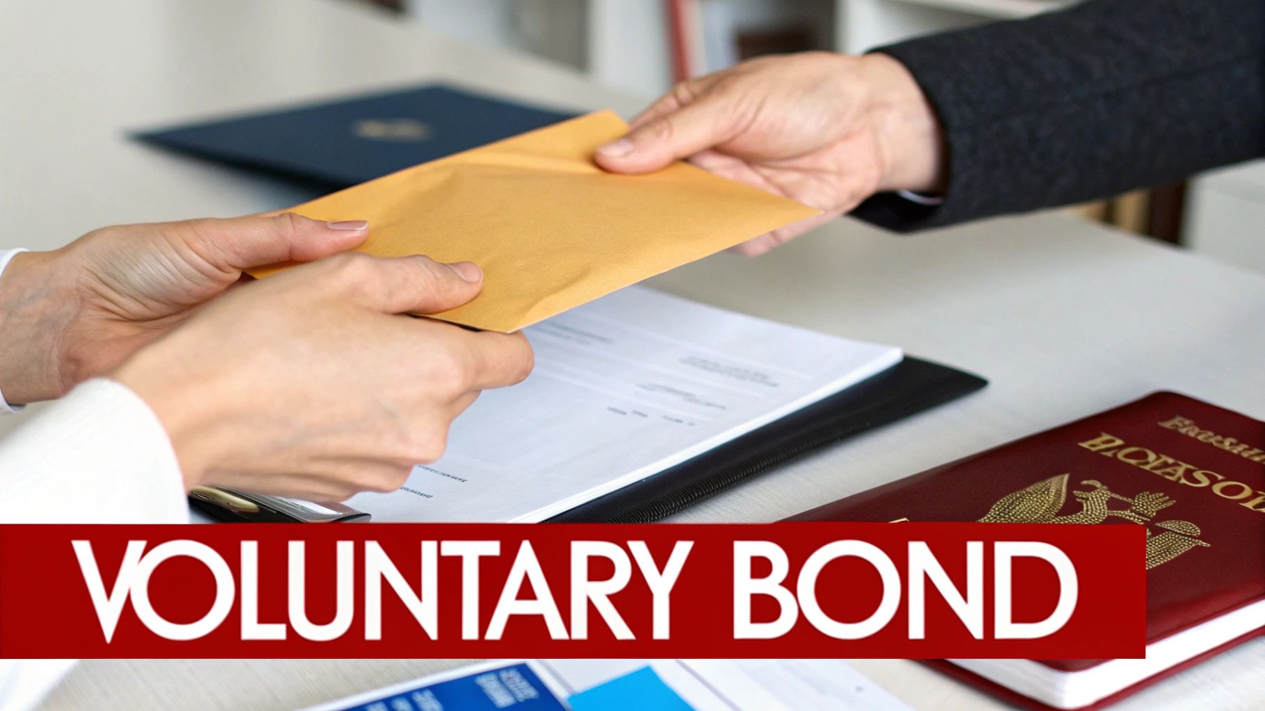 Hands exchanging a brown envelope over a desk with documents and an official book, labeled 'VOLUNTARY BOND'.