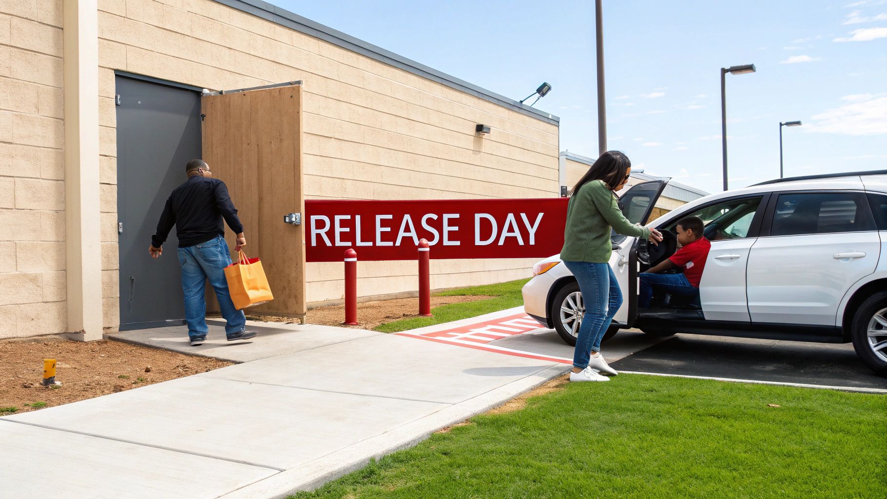 A man exits a building on 'RELEASE DAY' while a woman helps a boy into a white SUV.