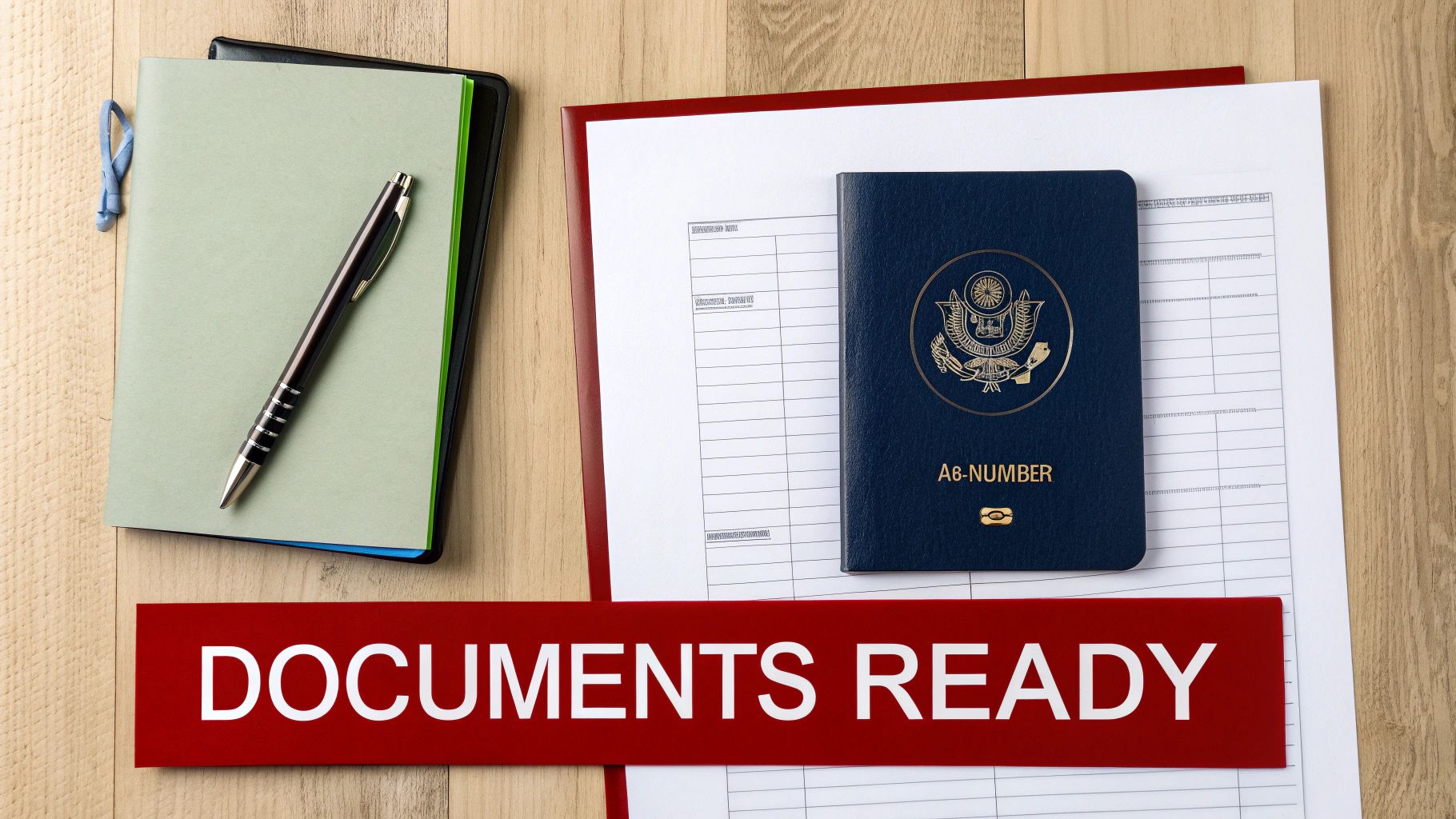 A blue passport, documents, pen, and notebook on a wooden desk, labeled 'DOCUMENTS READY'.