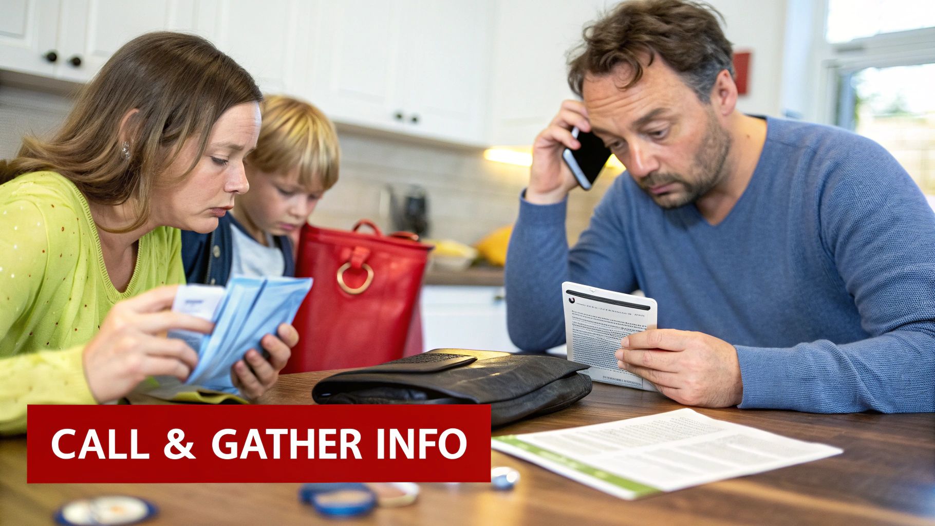 A concerned family, including a man on the phone and a woman with papers, gathers information at home.