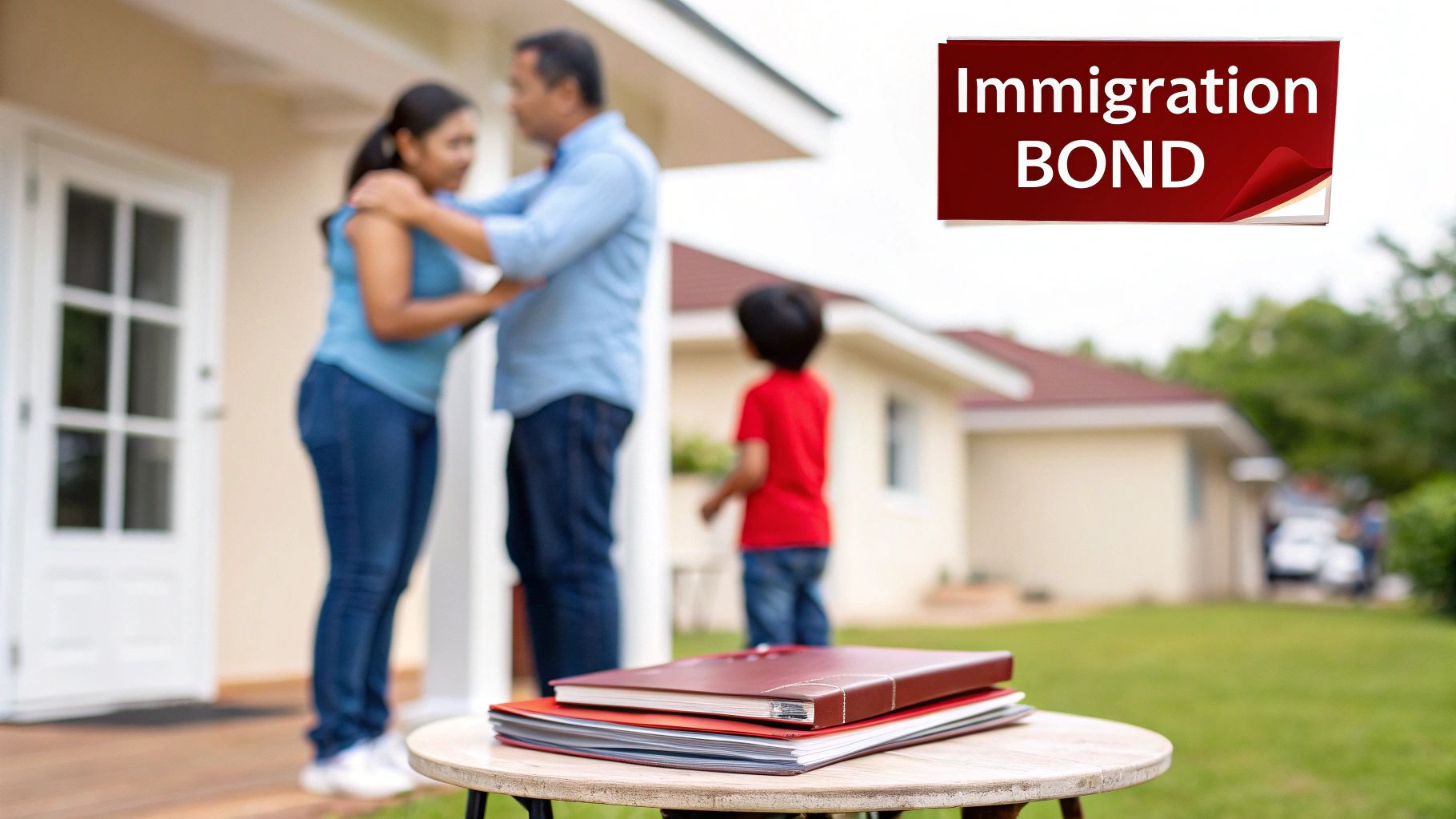 Family outside home with documents, illustrating US immigration bond process.