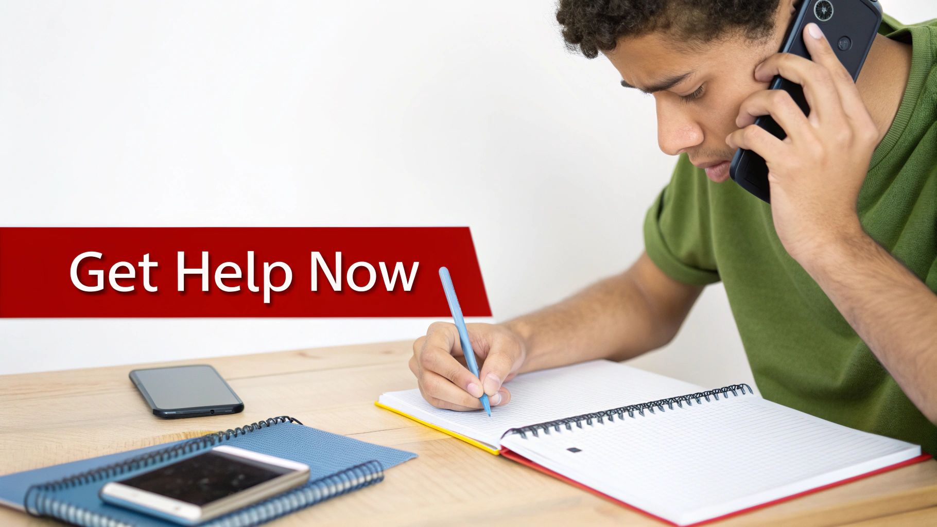 A young man talking on a smartphone while writing in a notebook, with a 'Get Help Now' banner.
