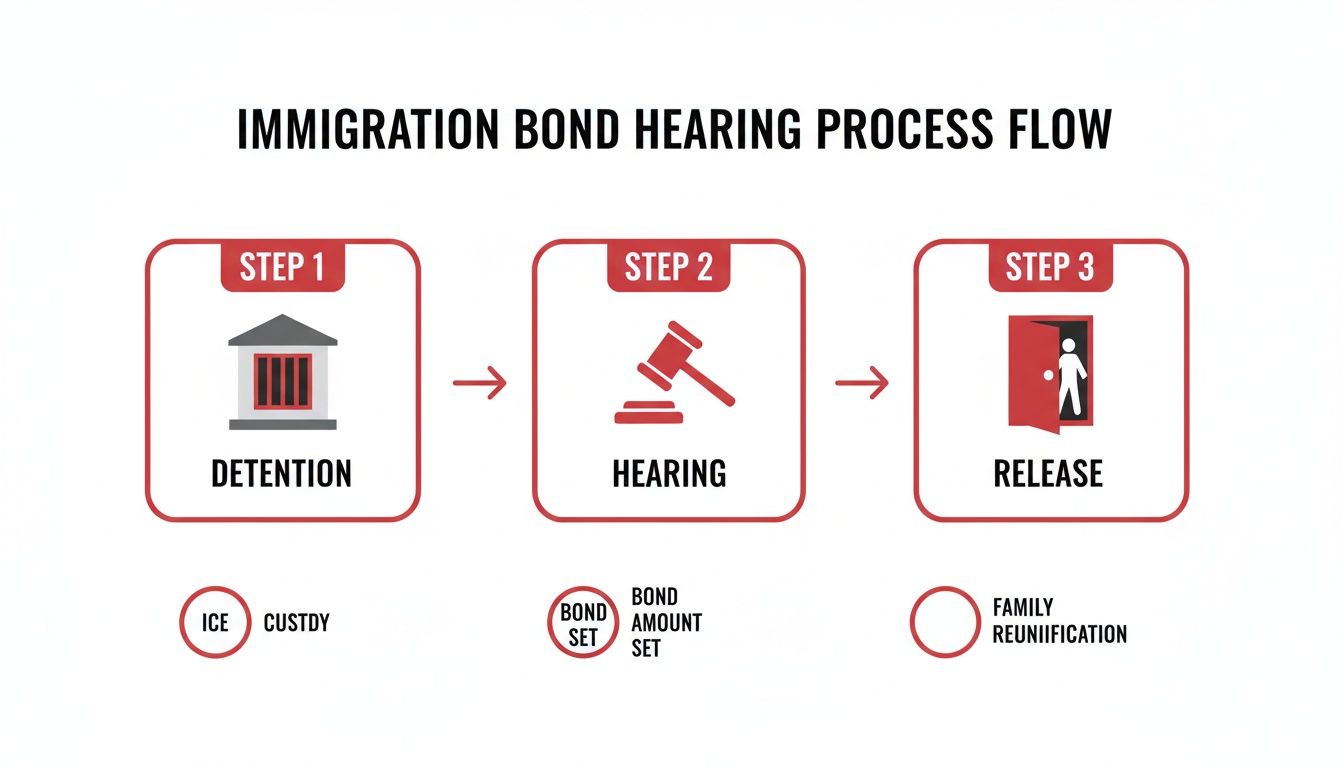 Flowchart illustrating the three-step immigration bond hearing process: detention, hearing, and release.