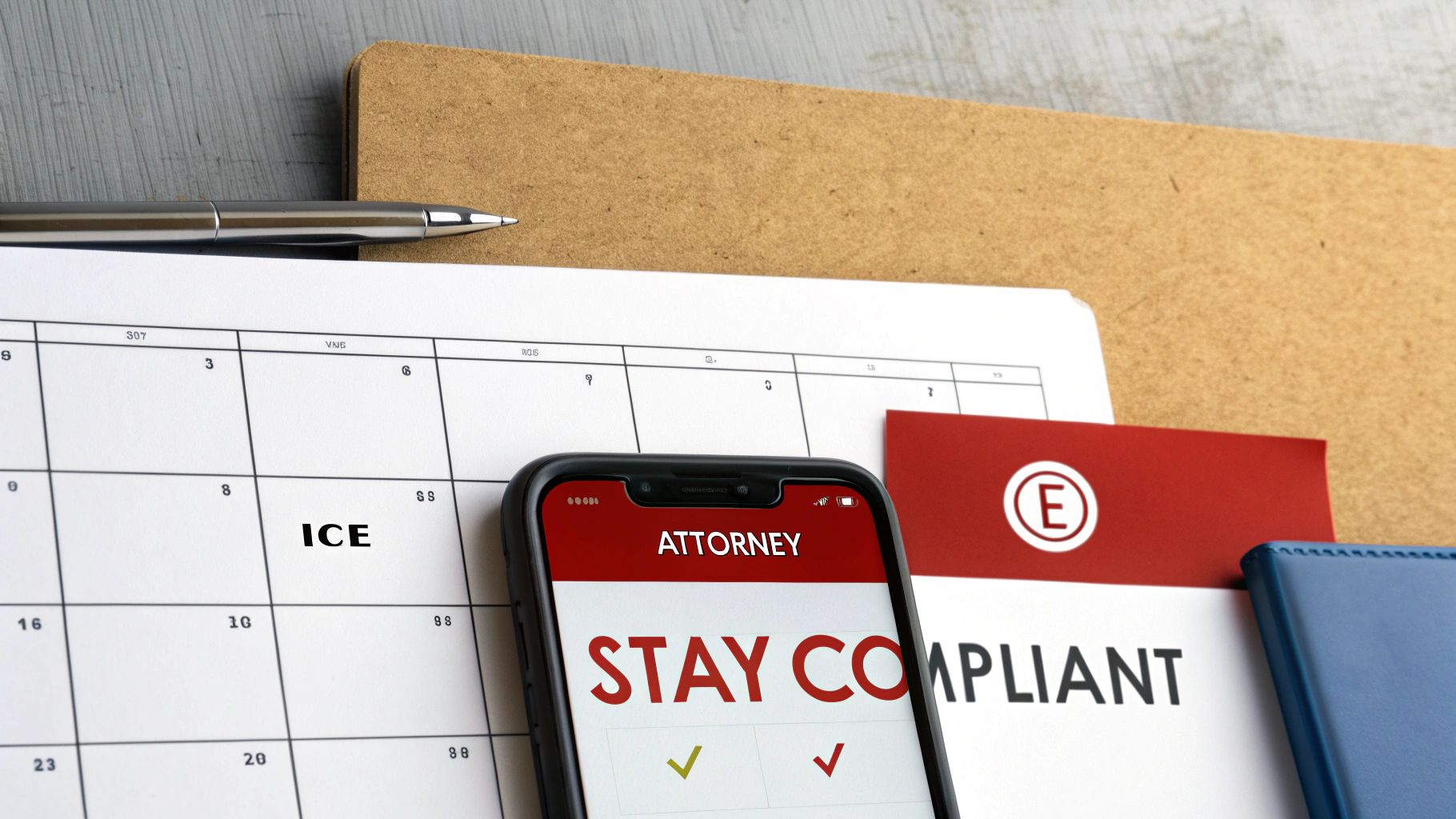 A close-up of a calendar with 'ICE' on a date and a phone displaying 'ATTORNEY STAY COMPLIANT'.