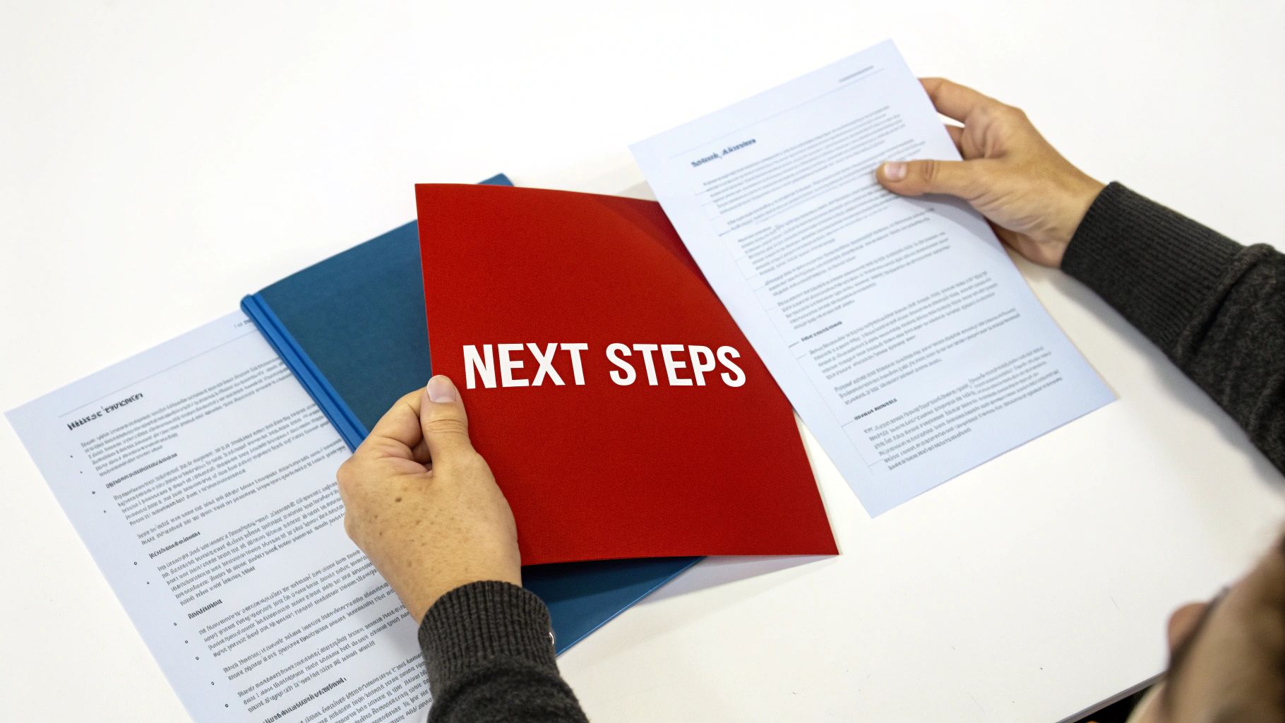 Hands holding a red folder with 'NEXT STEPS' written, alongside documents on a white desk.