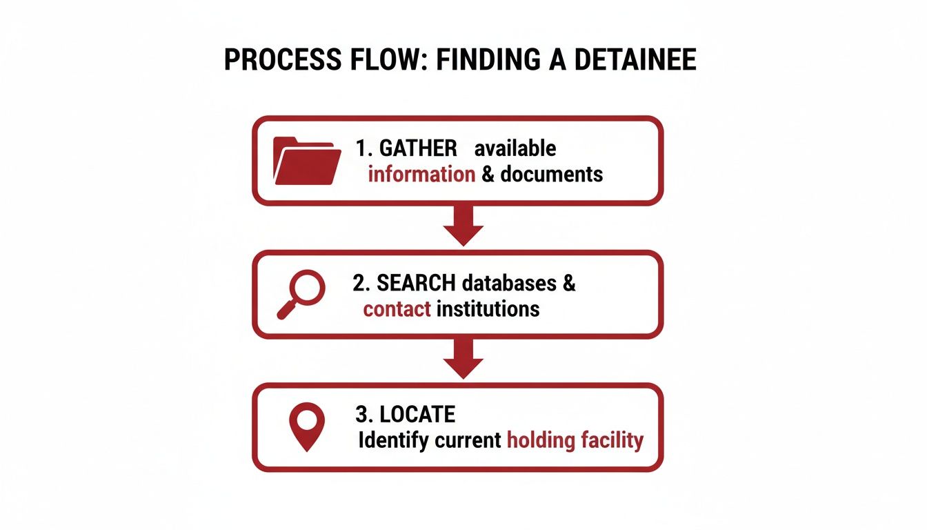 Process flow diagram outlining three steps to find a detainee: gather information, search, and locate.