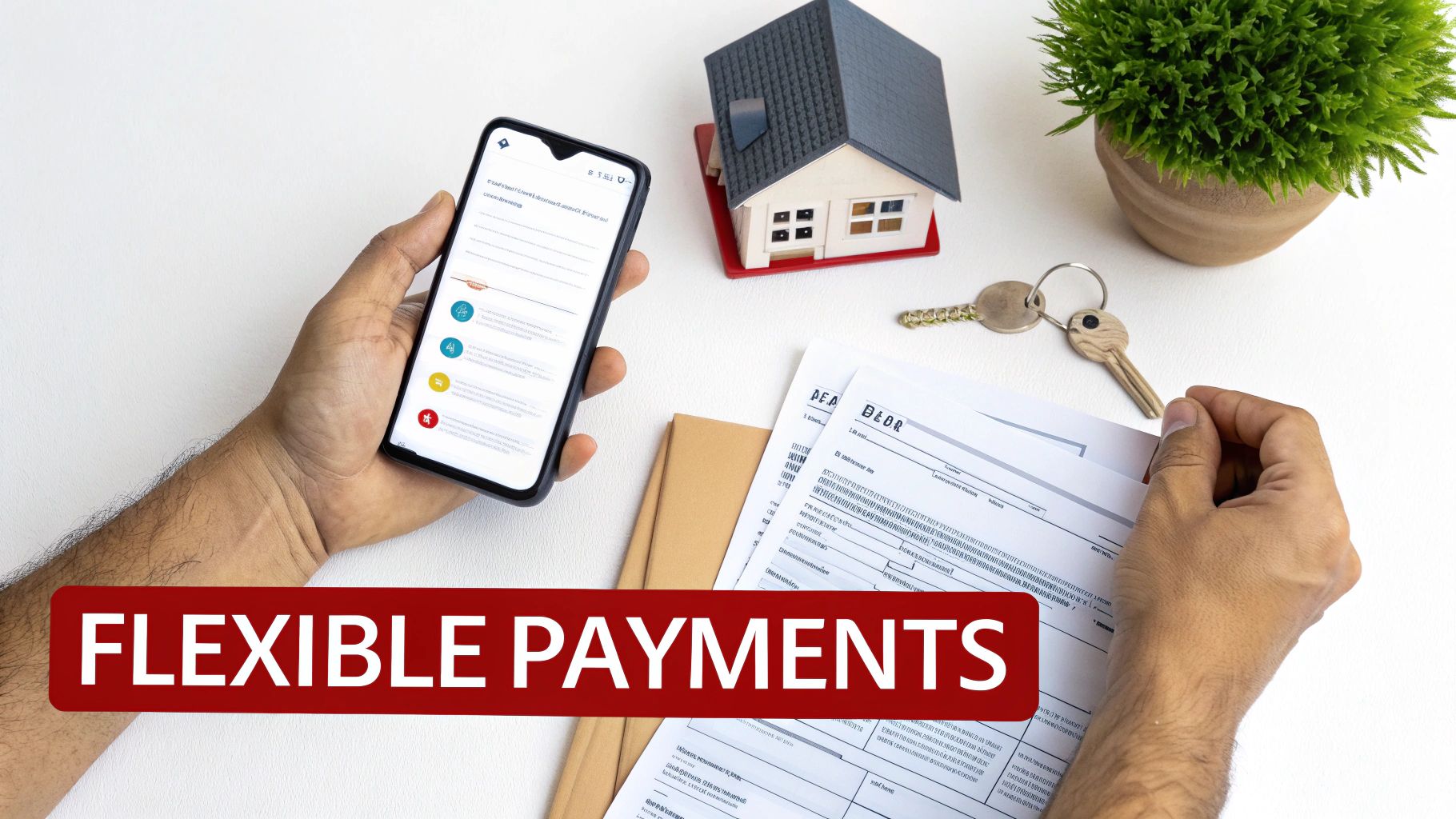 Hands holding a smartphone displaying an app and documents, with a house model, keys, and 'FLEXIBLE PAYMENTS' text.